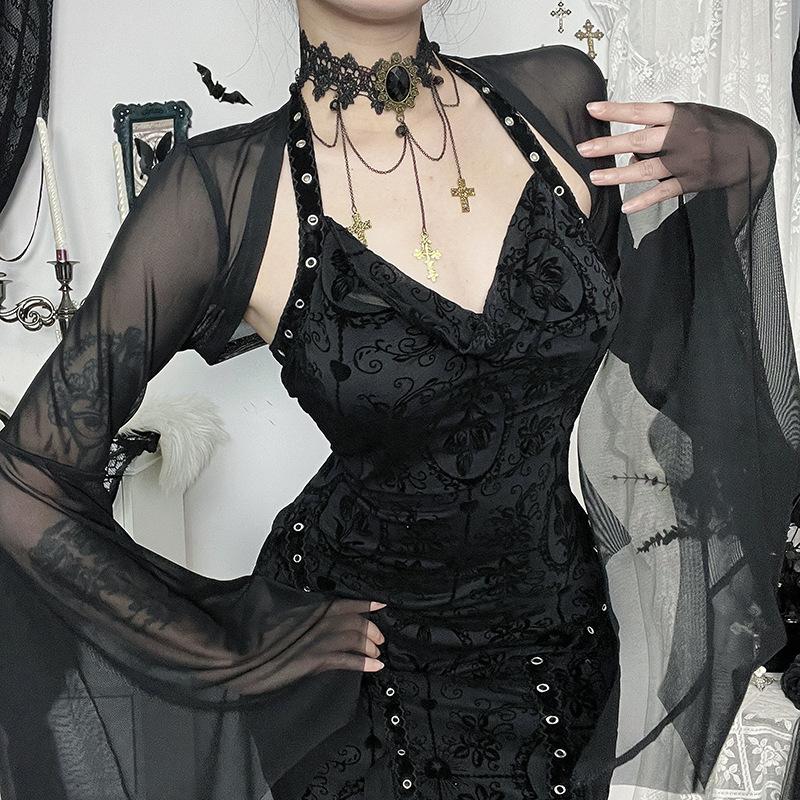 Halloween Gothic Mesh Smock Women Vintage Streetwear Witch See Through Bat Sleeve Crop Blouse Sexy Cosplay Clothes Femme