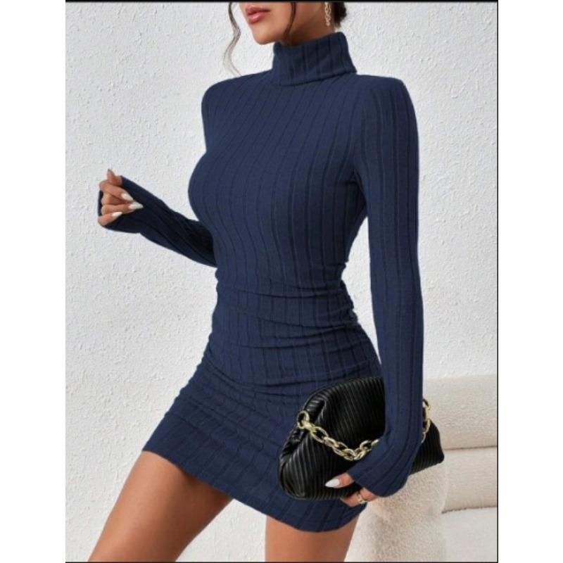 Mode Rollkragen Damen Strick Kurzkleid Herbst und Winter Neu Langarm Rippstrick Hüftbetont Lässige Partykleider Bodycon Schlichte Kleidung 2708