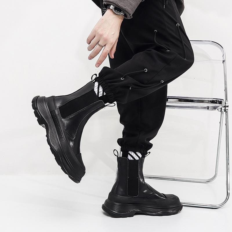 Autumn and winter men's trendy boots genuine leather thick-soled beef two-layer leather boots casual breathable men's Chelsea boots