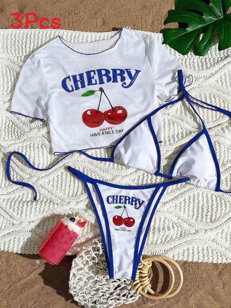Women Short Sleeve Bikini Set With Printed Pattern For Swimming And Water Sports