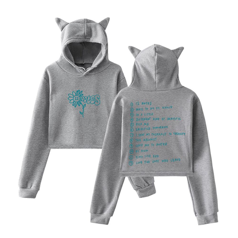 Alec Benjamin Printed Cat Ear Hoodie Women Long Sleeve Cropped Sweatshirts Female Casual Crop Tops