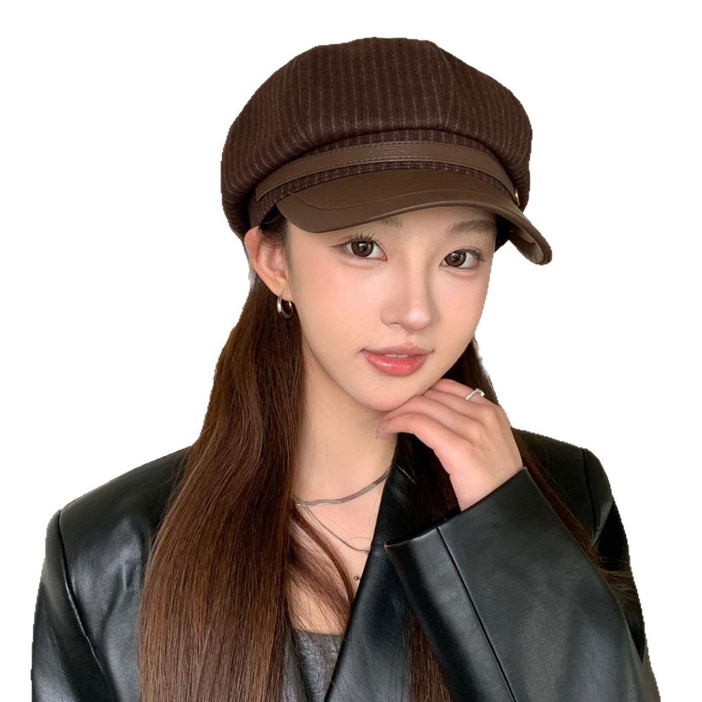 New leather buckle striped leather brim octagonal hat small label women's early autumn simple and versatile fashion beret trendy painter hat