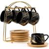 Ceramic Espresso Cups with Saucers and Metal Stand, Small 4 oz Porcelain Demitasse Cups Set of 6, Cute Cappuccino Coffee
