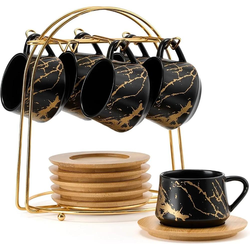 Ceramic Espresso Cups with Saucers and Metal Stand, Small 4 oz Porcelain Demitasse Cups Set of 6, Cute Cappuccino Coffee