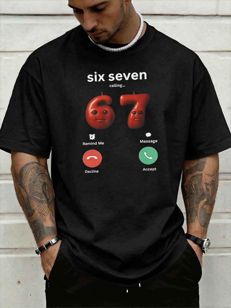 Funny Incoming Call Six Seven Cartoon Red Number Graphic Print Unisexs Crew Neck Short Sleeve Tee Casual Daily Soft Basic Wear Top