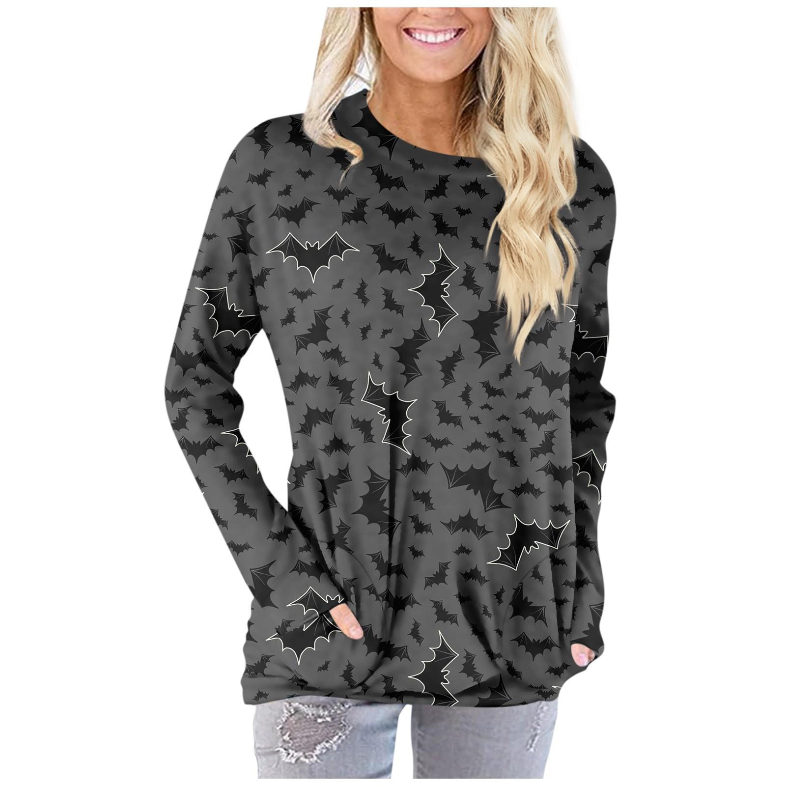 

Женская модная повседневная футболка с круглым вырезом и принтом Хэллоуина, с длинными рукавами и карманами M серый