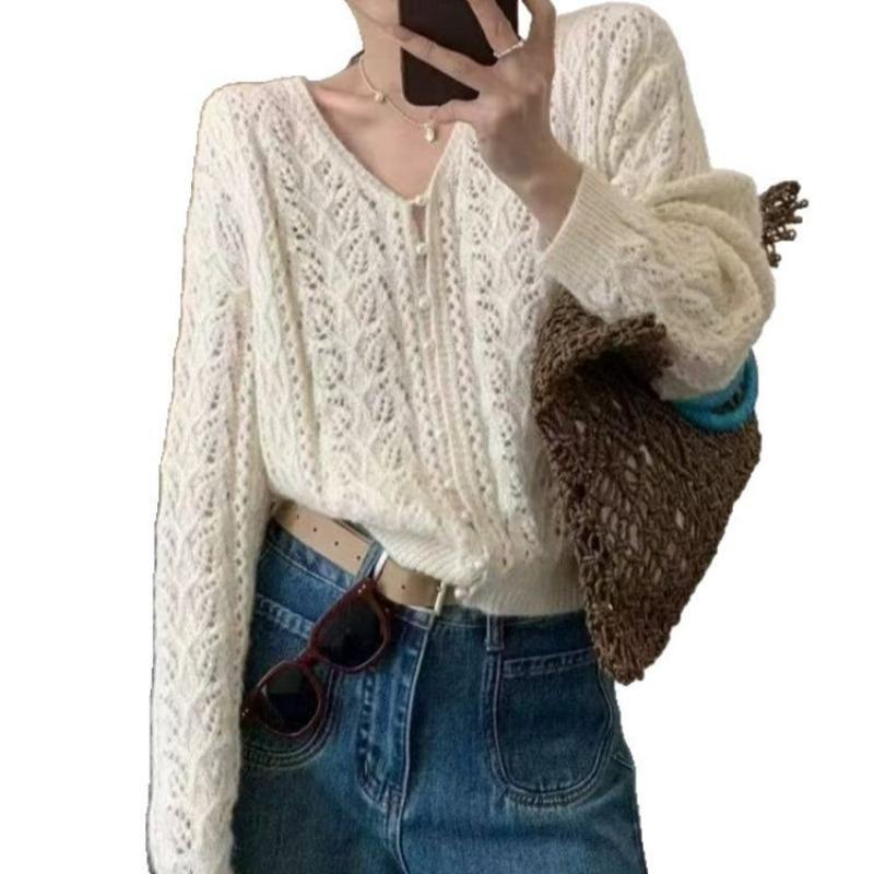 V-neck hollow shirt knitted cardigan women's spring and summer new high-end loose fashion long-sleeved f sunscreen shirt top