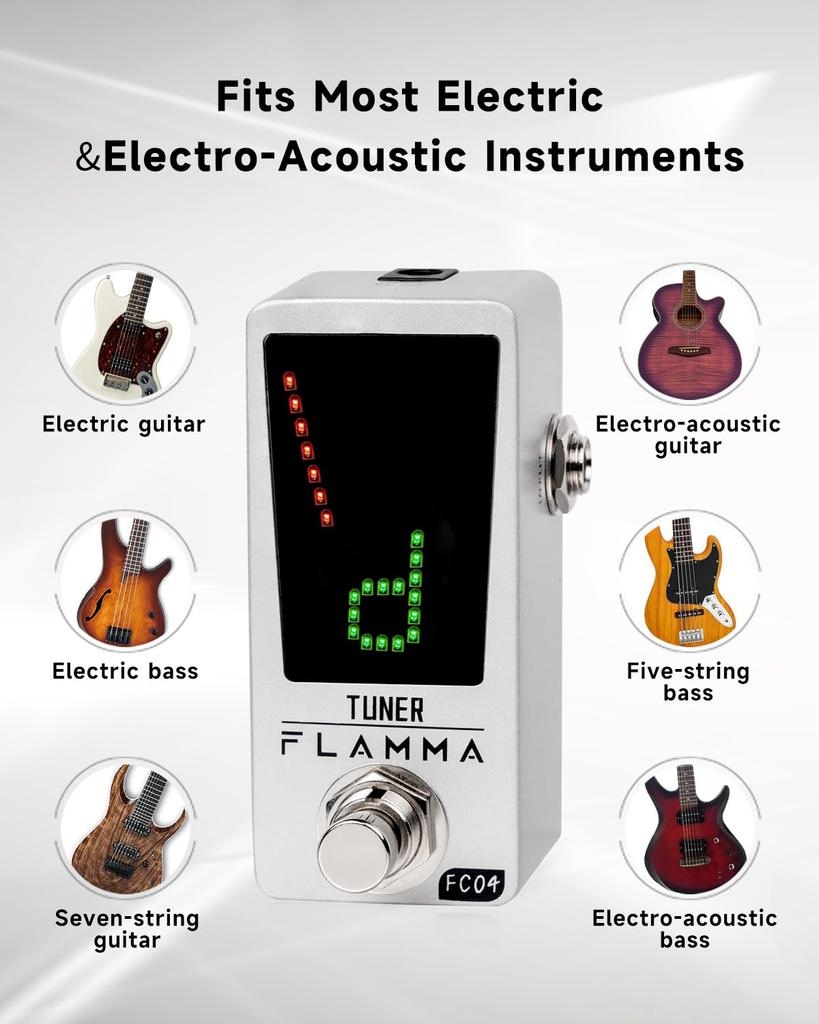 FLAMMA Tuner Pedal FC04 Chromatisches Gitarren-Stimmgerät Hochpräzises 1-Cent-Stimmpedal für Gitarre und Bass mit Pitch-True-Bypass-Pedal, Anzeige