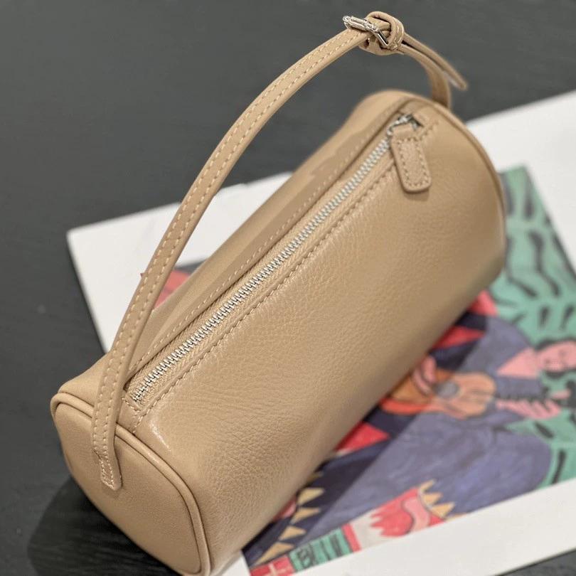 Fashi Mini Small Grained Calfskin Cowhide Handbag for Women Real Leather with Shoulder Strap Barrel-shaped Crossbody Purses