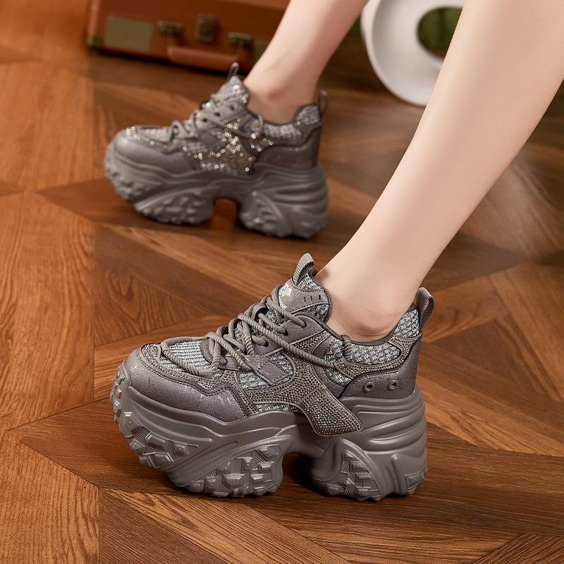 Red Dad Shoes Women's 2025 Autumn and Winter New Small Casual Shoes Versatile Rhinestone Thick-soled Inner Height-increasing Women's Shoes