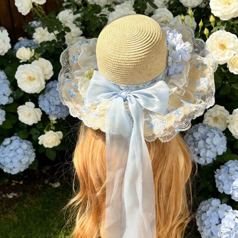 Floral Design Woman's Straw Hat Elegant Sun Protection Cap Lace Brim Sunshade Cap Casual Wear