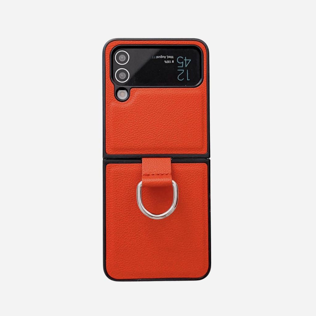 Samsung Z Flip7/6/5 Leather Pattern Ring Case - Drop Protection, Solid Color, Foldable Phone Cover