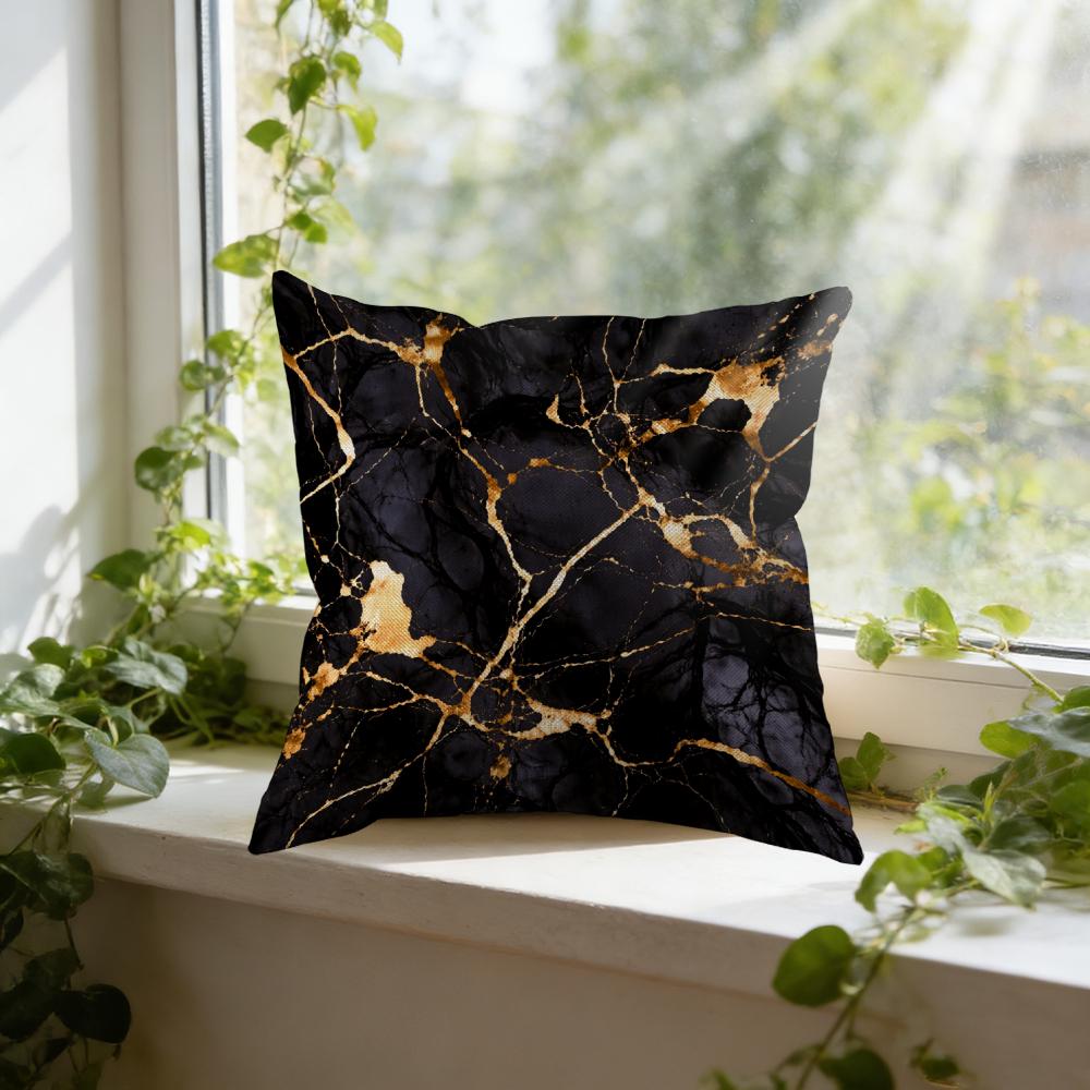 Square Throw Pillow Black Gold Marble Pattern Decorative Cushion For Living Room Bedroom Window Seat