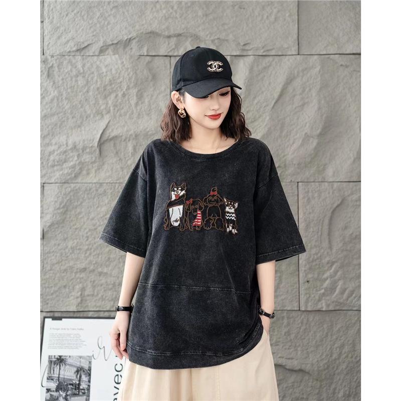 

Versatile Tie-Dye Embroidered Crew Neck T-shirt One Size чорний