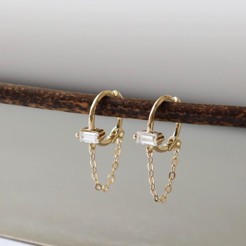 18K Gold-Plated S925 Silver Earrings with Square Zirconia and Chain Tassel Studs 18K Gold Pair