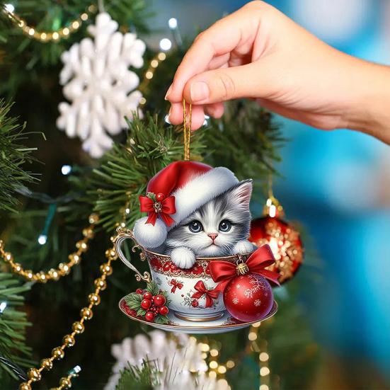 Acrylic Teacup Cat Hanging Ornaments Cute Cartoon Cat Christmas Ornament 2D Flat Car Mirror Charm for Christmas Tree Decoration KTY