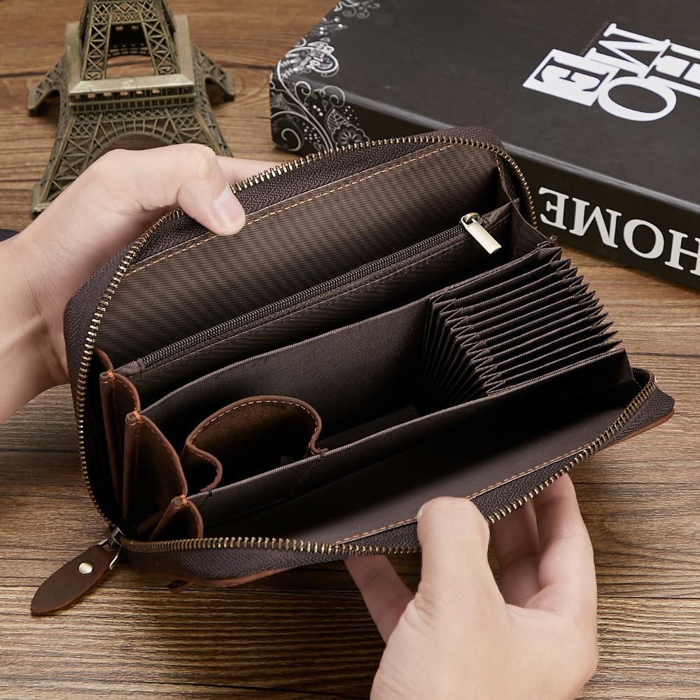 Men Genuine Crazy Horse Leather Long Wallet Vintage Zippered Phone Pocket Multi Compartment High Capacity Organizer Clutch Bag