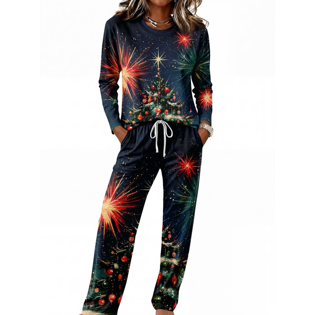 Casual Pajama Set with Long Sleeve Round Neck Top and Wide Leg Pants for Sleep and
