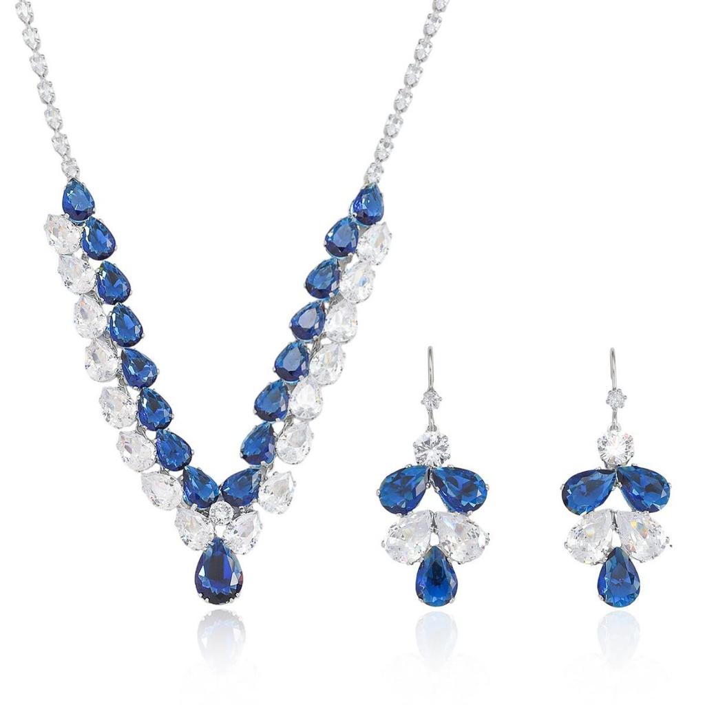 European Style Zircon Blue Teardrop Necklace & Earrings Set