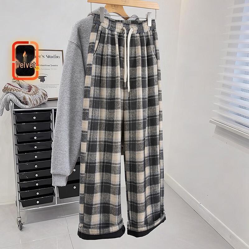 

Women s Plaid High-Waist Fleece-Lined Wide-Leg Casual Pants S