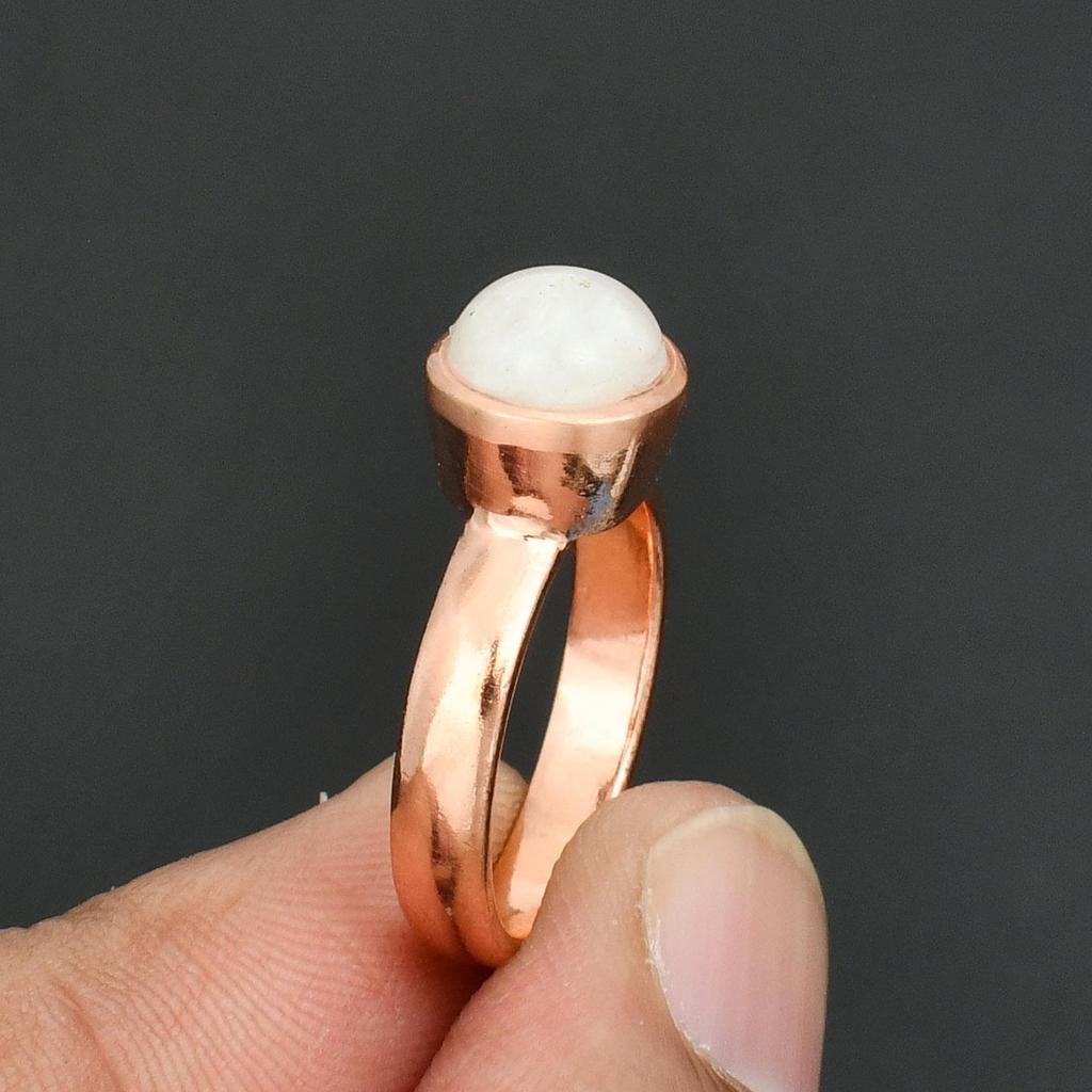 Rainbow Moonstone Gemstone 100% Copper Ring Handcrafted Round Solitaire Bezel Ring for Women Healing Crystal Jewelry Gift