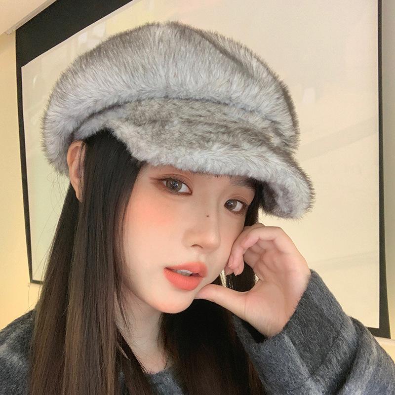 Fall and Winter Plus Velvet Thickened Imitation Mink Beret Korean-style Face showing Small Octagonal Hat Big Head Windproof and Warm Hat