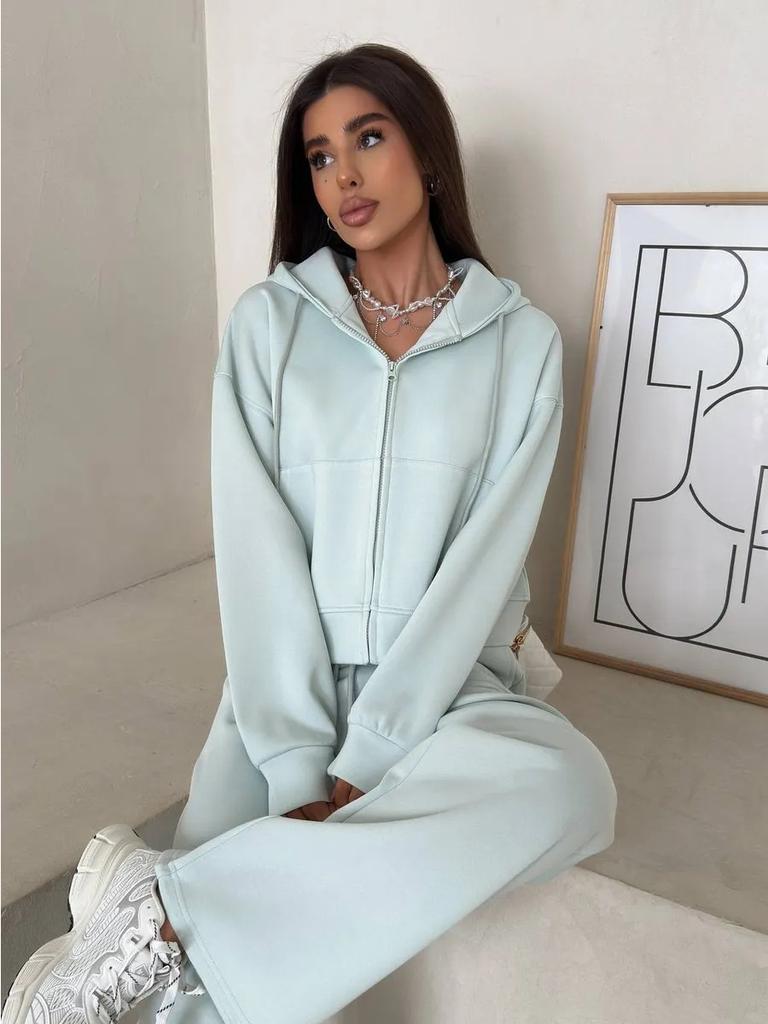 Women's 2-Piece Cotton Zip Up Hooded Sweatsuit Long Sleeve Pullover Jogger Set Casual Athletic Tracksuit