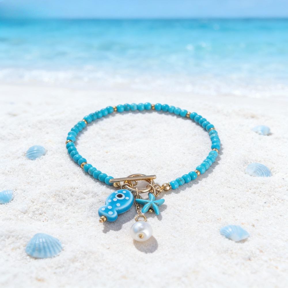 Bohemian Ceramic Fish Bead Bracelet for Women Sea-inspired Charming OT Buckle Bracelets with Synthetic Turquoise Beads