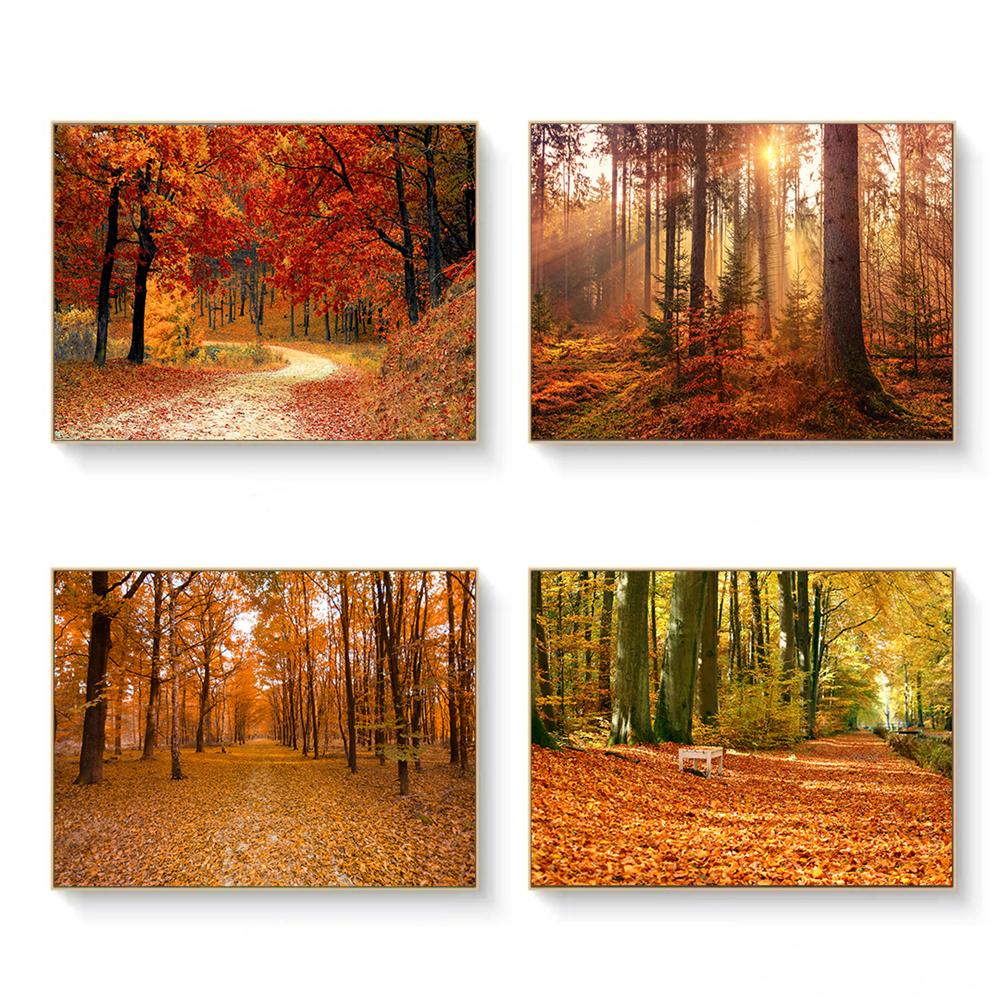 

Горный лес Лес Солнечный свет Картина Плакат Лесная тропа Лесное украшение Красный Оранжевый Желтый Гостиная Дом Холст Плакат
