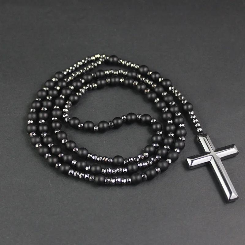 Stone Hematite Cross Car Pendant Catholic Christ Rosary Auto Hanging Meditation Protection Jewelry