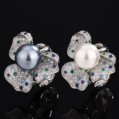 Jewelry Copper Platinum Plated Pearl Flower Breaking Color Light Luxury Ring Female 12Mm