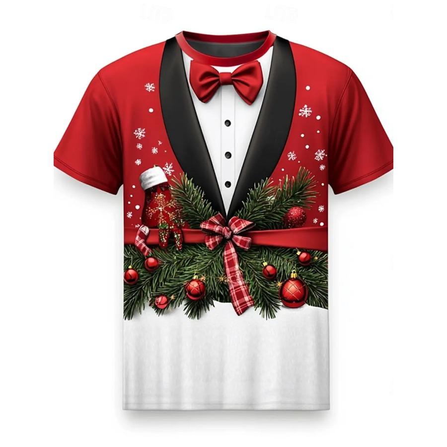 Christmas Tree Snowflake Bow Tie Men's 3D Print O-Neck T Shirt Tee Party Casual Christmas Theme T Shirt Short Sleeve Tops