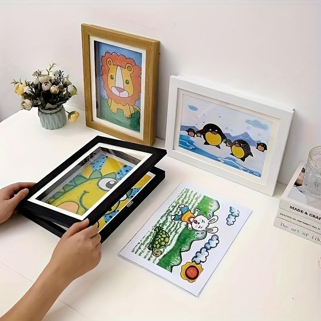 Decorative Flip Top Frame for Children's Artwork Display Wooden Display Case with Glass Cover and Secure Latch for Art Preservation