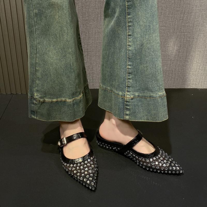 Fashion Fashionable Summer Women Slippers 2025 New Leisure Slipper Retro Pointed Toe Metal Buckle Fashion Half Slipper