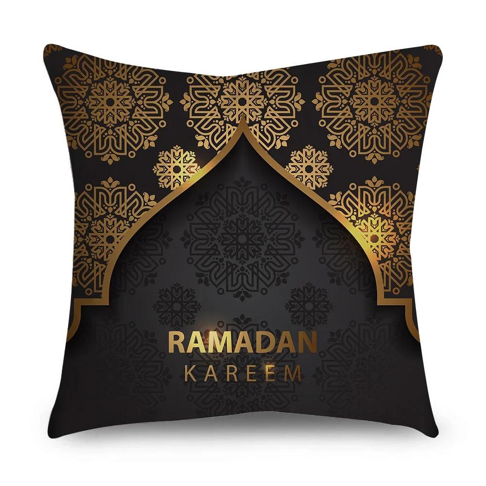 Ramadan Cushion Cover Islamic Eid Mubarak Black Gold Pillow Covers Home Decor Sofa Decorative Short Velvet Pillowcase 45cm*45cm