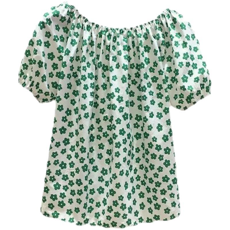 Summer one-word shoulder top large size women's clothing summer loose floral foreign style collar short-sleeved chiffon shirt fat summer thin
