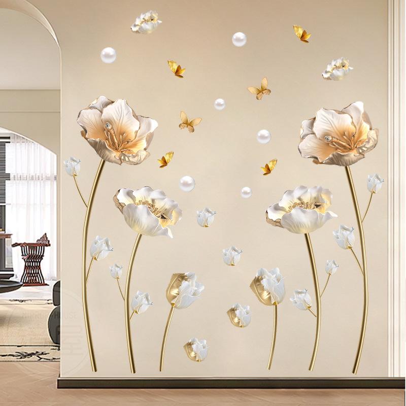 Creative Chinese Style Tulip Wall Sticker Self Adhesive Elegant Simulated Flower Decal for Bedroom Bedside TV Background Wall Decor