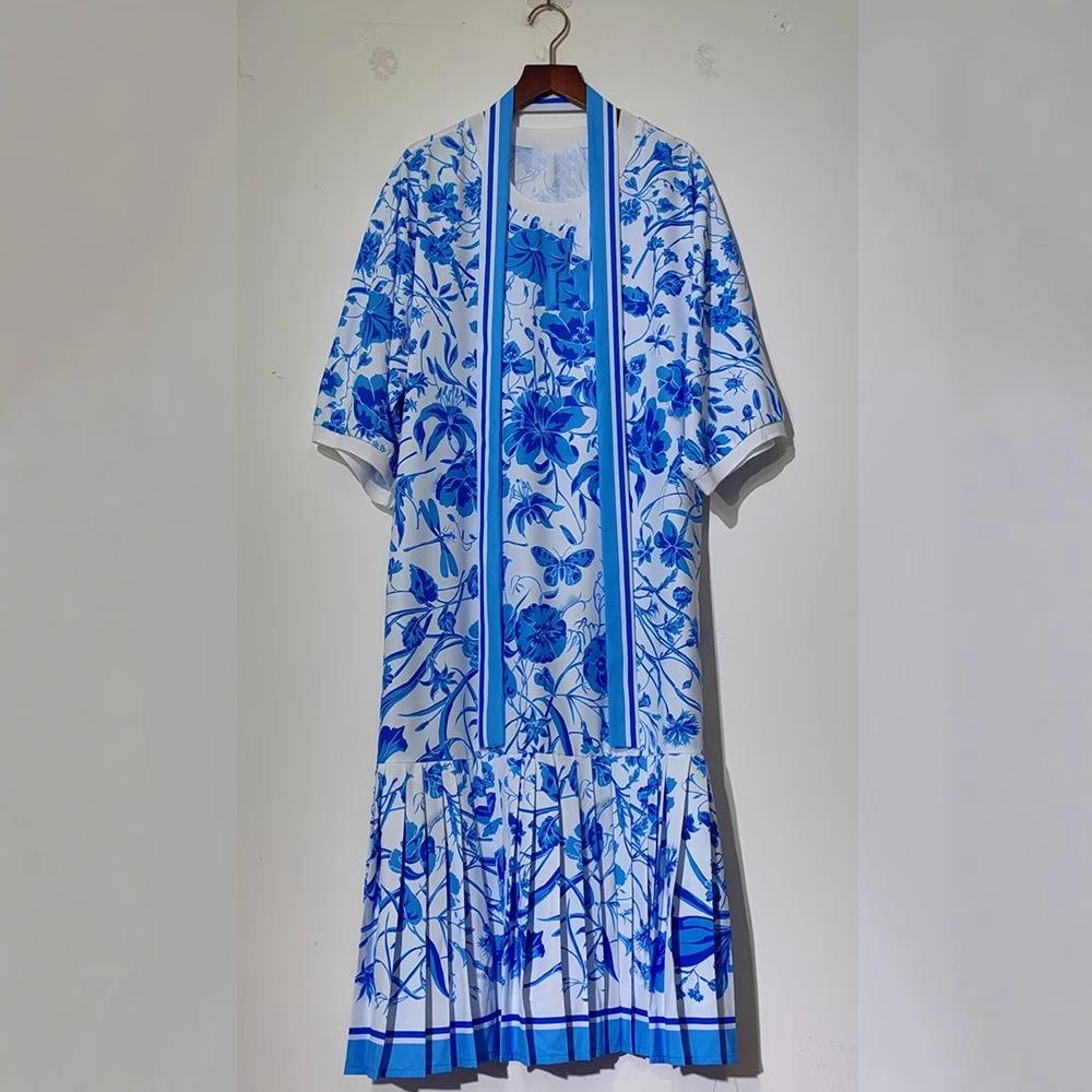 2025 Women's Retro Geometric Print Short Sleeve T-Shirt Dress with Loose Puffy Skirt