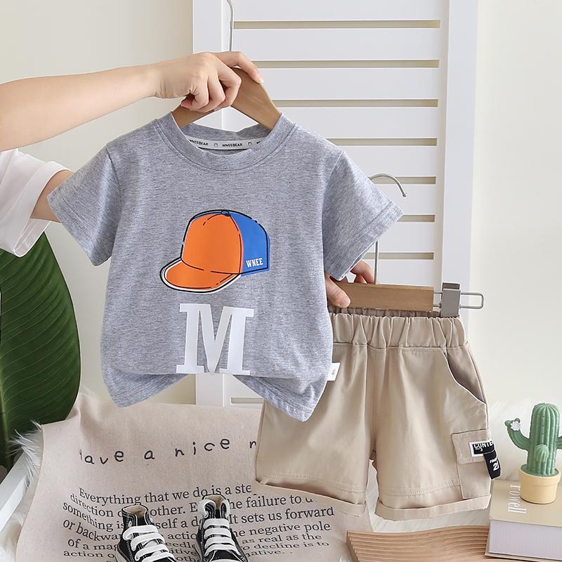 

Комплект для мальчиков 0-5 лет Детский комплект из двух предметов с короткими рукавами Шапка с круглым вырезом Футболка с цветными блоками Повседневные шорты S серый