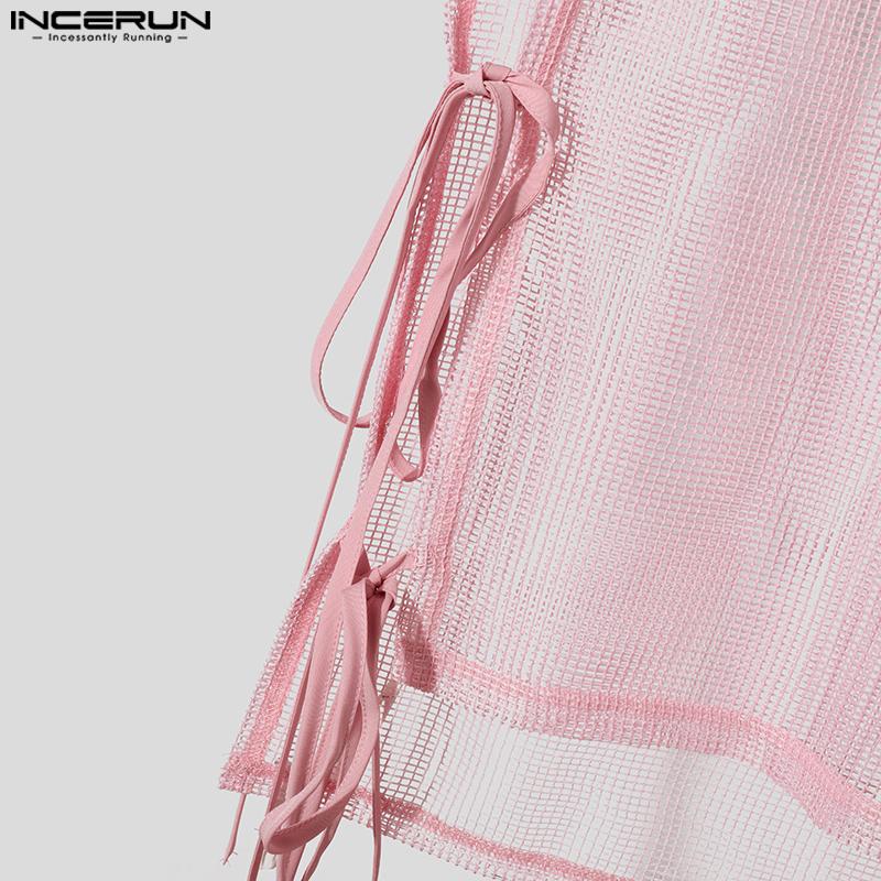 INCERUN Summer Men Sleeveless Mesh Sheer Hollow Out Side Lace-up Party High Low Tank Tops