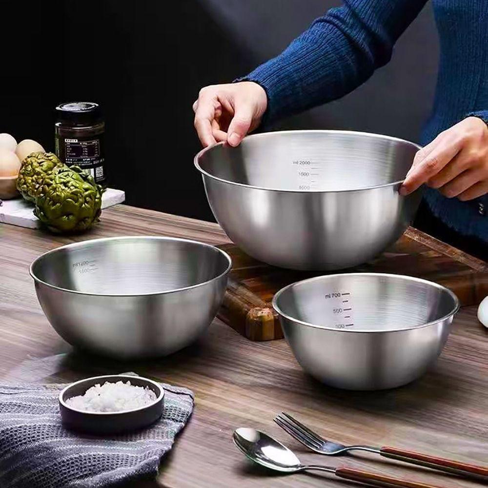 1Pcs Stainless Steel Salad Bowls Fruit Vegetable Noodle Container with Scale Egg Flour Mixing Basin Thicken 17/19/23/25/27cm
