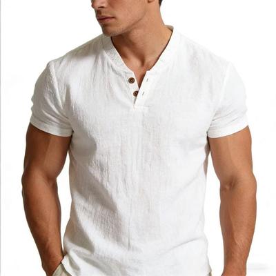 Ανδρικό T-shirt Henley με κοντό μανίκι από Λινό Βαμβάκι