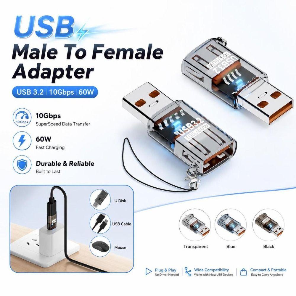 60W USB Extension Adapter Transparent USB Adapter USB Male To Female Adapter Vehicle Connection
