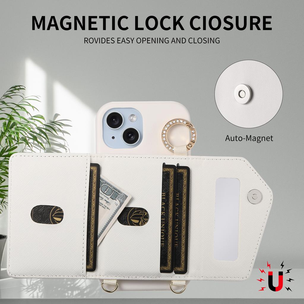 Sharp WISH4 iPhone15 Diamond Line Finger Ring Crossbody Phone Case with Card Slot