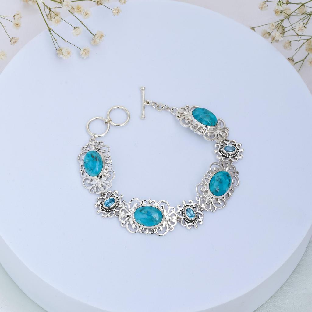 Turquoise & Topaz Sterling Silver Bracelet: Blue Gemstone Jewelry