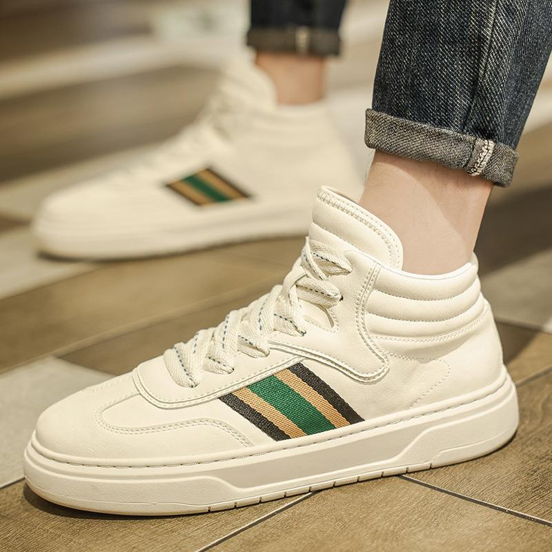 New Shoes for Men Leather Casual Shoes Spring White Striped Flat Skateboard Shoes Youth Trend Leather Sneakers