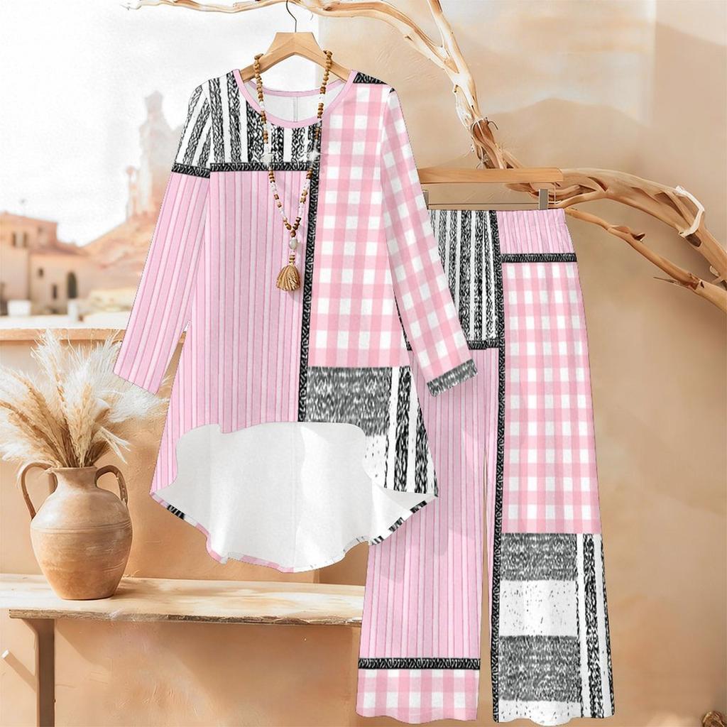 Distressed Floral Print Two Piece Outfit Women Long Sleeve Irregular Hem Tunic Top Wide Leg Pants Casual Matching Set