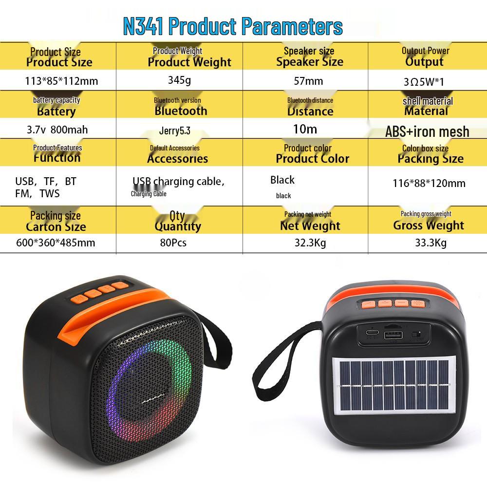 Southeast Asia & Africa Portable Wireless Bluetooth Speaker with Solar Charging, USB, Card Slot & Seven-Color LED Lights.