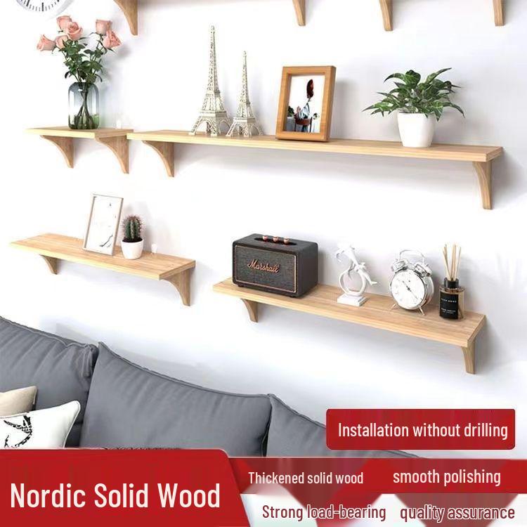 Solid Wood No-Punch Wall Shelf for Living Room or Bedroom - Snack Partition & Display