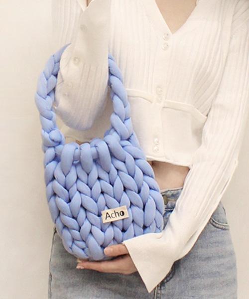 Acho Knitted Pompon Tote Bag_Blue